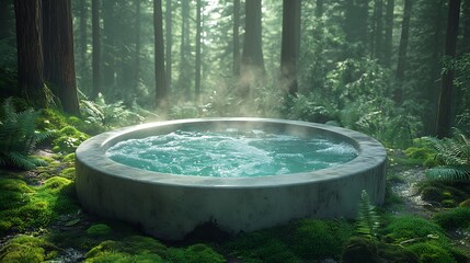 A secluded hot tub tucked away in a dense forest, surrounded by towering trees, soft moss, and ferns, steam rising from the warm water as sunlight filters through the canopy,