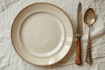 Vintage table setting with a ceramic plate, knife, and spoon on a textured tablecloth, evoking a warm, cozy dining atmosphere.