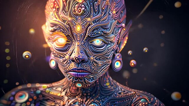 Psychedelic Alien Entity with Glowing Eyes and Intricate Designs in a DMT Experience