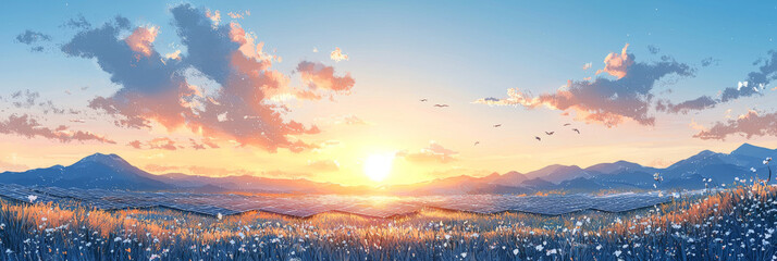 Fototapeta premium A picturesque sunset paints the sky with vibrant hues as birds soar above a field of wildflowers.