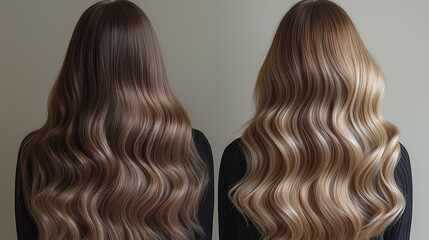Fototapeta premium Before and After Hair Color Transformation Featuring Long, Wavy, and Glossy Hair in Brown to Blonde Ombre