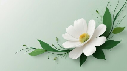 Delicate white flower with green leaves on a soft green background.