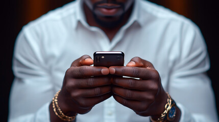 An African-American man wearing a white shirt is focused on using his smartphone, holding the device with both hands. It is decorated with a gold bracelet and a watch. Generated by AI.