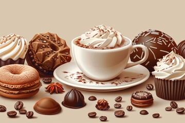 Rich, aromatic coffee surrounded by assorted chocolates and spices, creating a luxurious dessert spread.