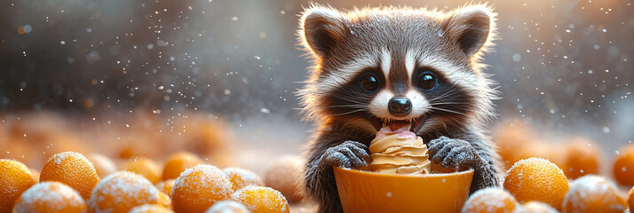 Charming Young Raccoon Eating Sweet Treat Amidst Golden Orange Balls in a Cheerful, Enchanting Setting with Soft Glow