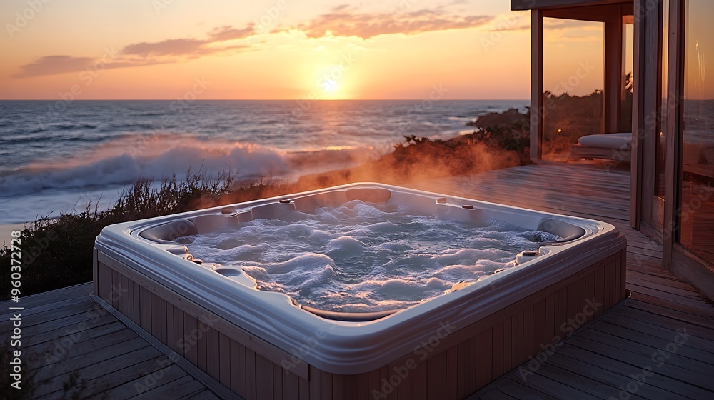 Wall mural a serene hot tub on a wooden deck by the ocean, surrounded by nautical decor, soft waves crashing on