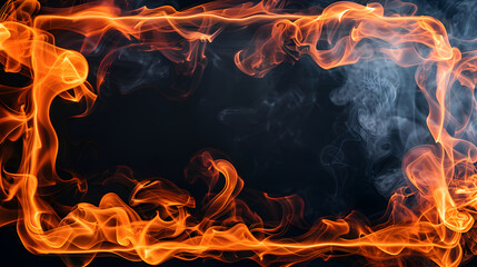 Fototapeta premium Abstract flames frame on black background with copy space. Rectangular burning border of bright fire. Banner for hot sale offer, black friday, cyber monday. Template design for invitation, ads, card.