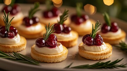 elegant christmas party banner showcasing mini brie and cranberry canaps with a rosemary garnish on a festive platter