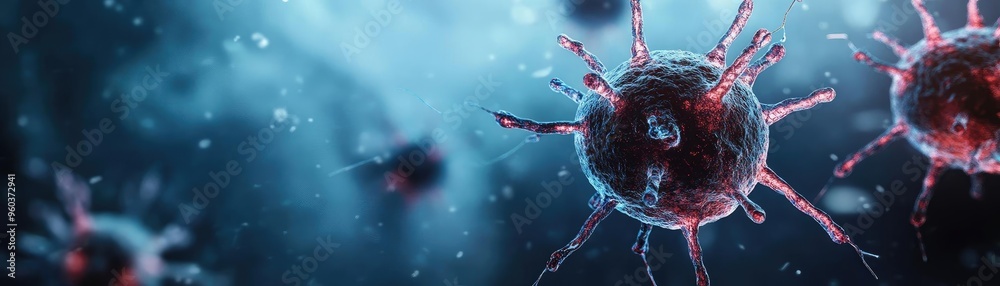 Poster microscopic view of a virus, showcasing intricate structures and vibrant colors, perfect for scienti