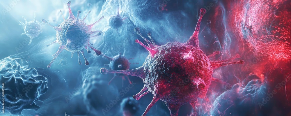 Poster vibrant depiction of microscopic cells and bacteria, showcasing intricate details in vivid colors an