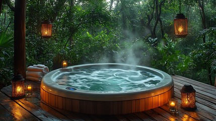 Fototapeta premium A serene hot tub perched among the treetops, surrounded by dense forest canopy, warm hanging lanterns casting a soft glow, steam rising gently into the evening air,