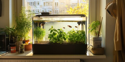 Indoor aquarium with plants and fish on a windowsill.