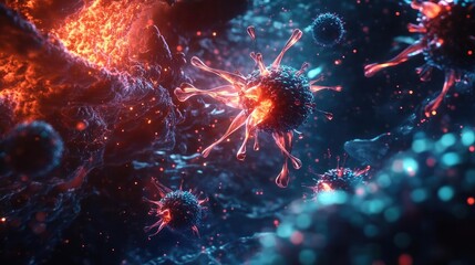 A stunning close-up of virus particles in vibrant colors, showcasing the intricate details and scientific beauty of microbial life.