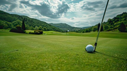 Obraz premium Wide shot of a golf course with a golf club and ball in the foreground, showcasing the lush green landscape and rolling hills. 