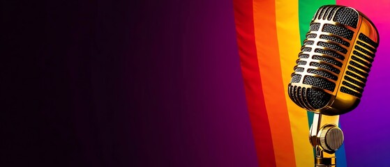 Vintage microphone with colorful rainbow background, ideal for podcasts, music events, or LGBTQ+ themed content. Vibrant and dynamic imagery.