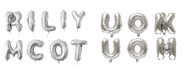 Set of silver foil balloons with the alphabet from A to Z, transparent background