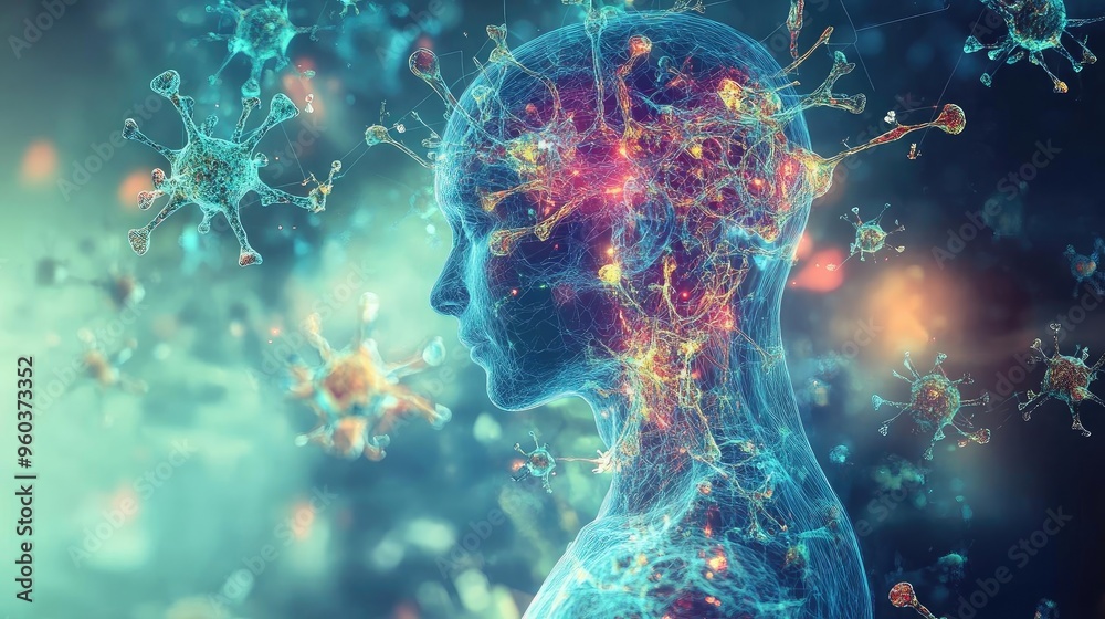 Poster abstract representation of human consciousness with vibrant colors and intricate details, symbolizin