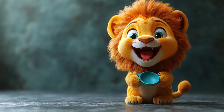 Adorable cartoon lion cub holding blue bowl on cool grey background exudes a cheerful and playful mood in a minimalist and whimsical style