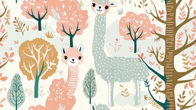 Whimsical illustration of llamas surrounded by lush trees and foliage in a serene forest landscape from a frontal viewpoint