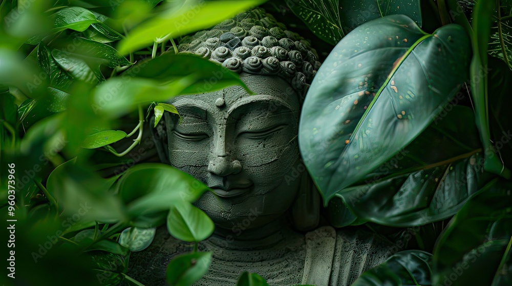 Wall mural buddha figure placed among lush green plants in a spa-like environment