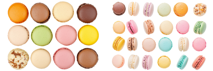 A flat lay of various flavors of macarons, assorted macaroon sweet desserts isolated on a white background.