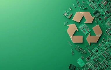 Recycling symbol on green background with electronic components highlighting e-waste recycling and environmental sustainability.