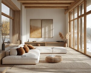 Serene Scandinavian Living Room with Minimalist White Sofa, Light Wood Furniture, and Large Windows