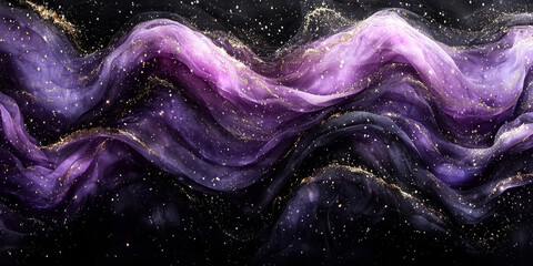 Obraz premium Abstract background of purple, black, and gold fabric with a galaxy effect.