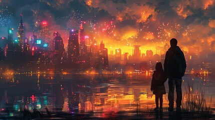 Fototapeta premium father and daughter looking at the futuristic city with colorful light, digital art style, illustration painting