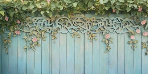 Blue wooden wall with carved vines and pink flowers.