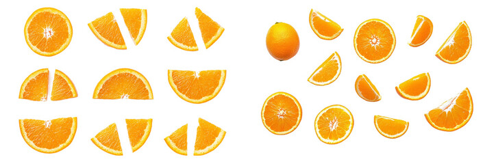 Flat view of citrus tropical fruit with orange flesh and slice pieces isolated on white background.