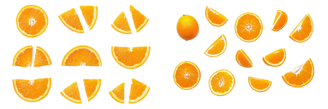 Flat view of citrus tropical fruit with orange flesh and slice pieces isolated on white background.