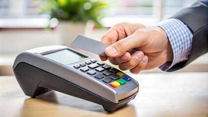Businessman making a credit card payment at a point of sale terminal in a modern environment