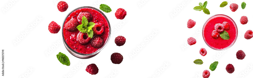 Sticker Drink for refreshing with heaps of raspberry fruit in a smoothie and green leaves on the background.