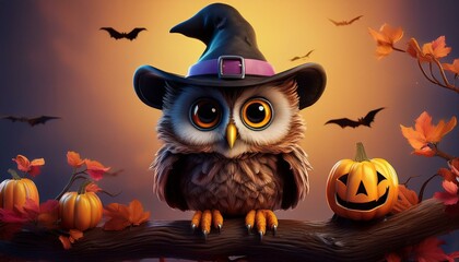 A cute owl wearing a pointy witch's hat perched on a Halloween-themed branch with pumpkins, bats and moonlight art