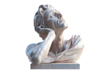 A detailed marble bust with a contemplative expression, showcasing exquisite craftsmanship and artistic elegance.