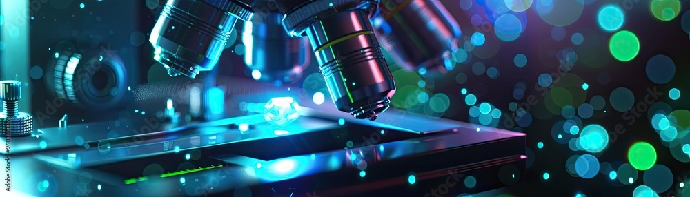 Poster a close-up of a microscope with vibrant colors and lights, showcasing scientific exploration and inn