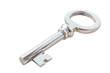 A shiny metal key isolated on a white background, symbolizing security, access, and unlocking potential.