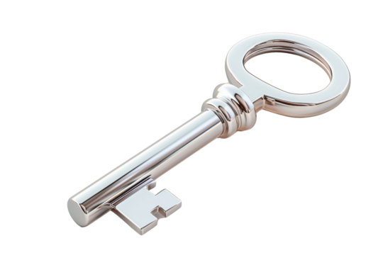 A shiny metal key isolated on a white background, symbolizing security, access, and unlocking potential.