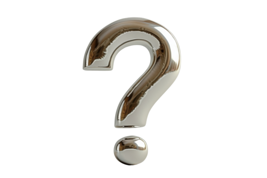 A shiny metallic question mark symbol representing curiosity and inquiry. Perfect for conceptual and design applications.