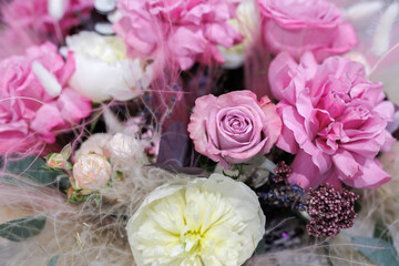 Modern beautiful bouquets of flowers at the exhibition.