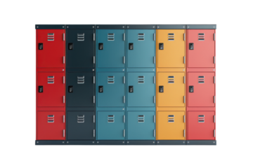 A vibrant collection of colorful lockers in a row, ideal for school or gym environments.