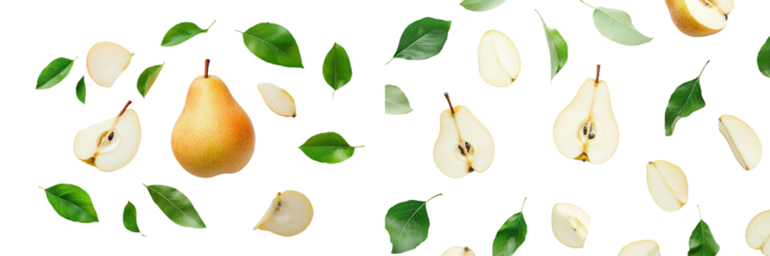 In the summer months, ripe fresh pear fruit and green leaves are flying in the air with leaves isolated on background. The fruit has a delicious flavor when it is ripe.