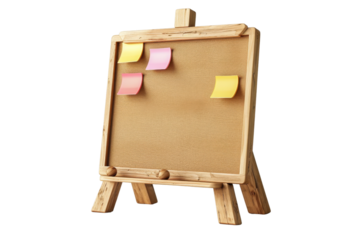 A wooden easel board with colorful sticky notes for planning and brainstorming ideas in an office or classroom setting.