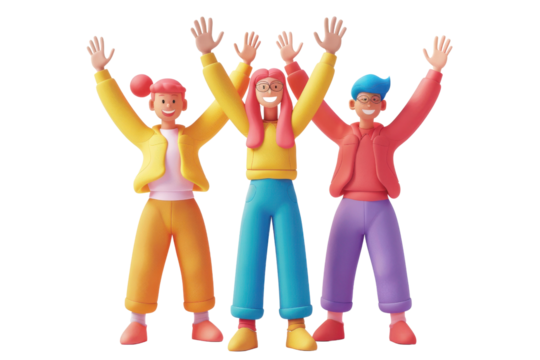 Colorful characters celebrating joy and friendship with raised hands, showcasing positivity and unity in a fun illustration.
