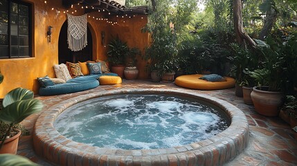 Fototapeta premium A bohemian-style hot tub setup with colorful cushions, macramé decor, potted plants, and twinkling string lights, creating a cozy and vibrant boho escape,