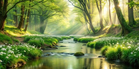 Obraz premium Springtime in a valley stream with swaying flowers in dreamy light green hues , Spring, valley, stream, flowers, wind, sun, light