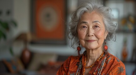 portrait of 70 year old happy Asian woman in orange wear at home, mature, natural beauty