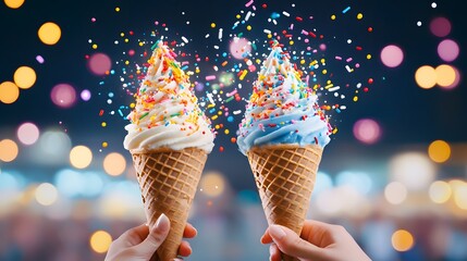 Ice cream cones and sprinkles showering down on a joyful audience at an outdoor concert