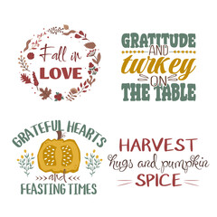 Autumn set of vector lettering slogans for fall season. Autumn phrases with cute and cozy design elements. Fall lettering collection in warm shades of green red and yellow isolated on white